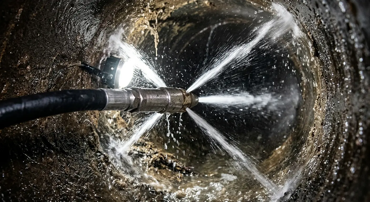 High-pressure hydro jetting nozzle cleaning sewer pipe for Sewer Line Relining in Carrollton