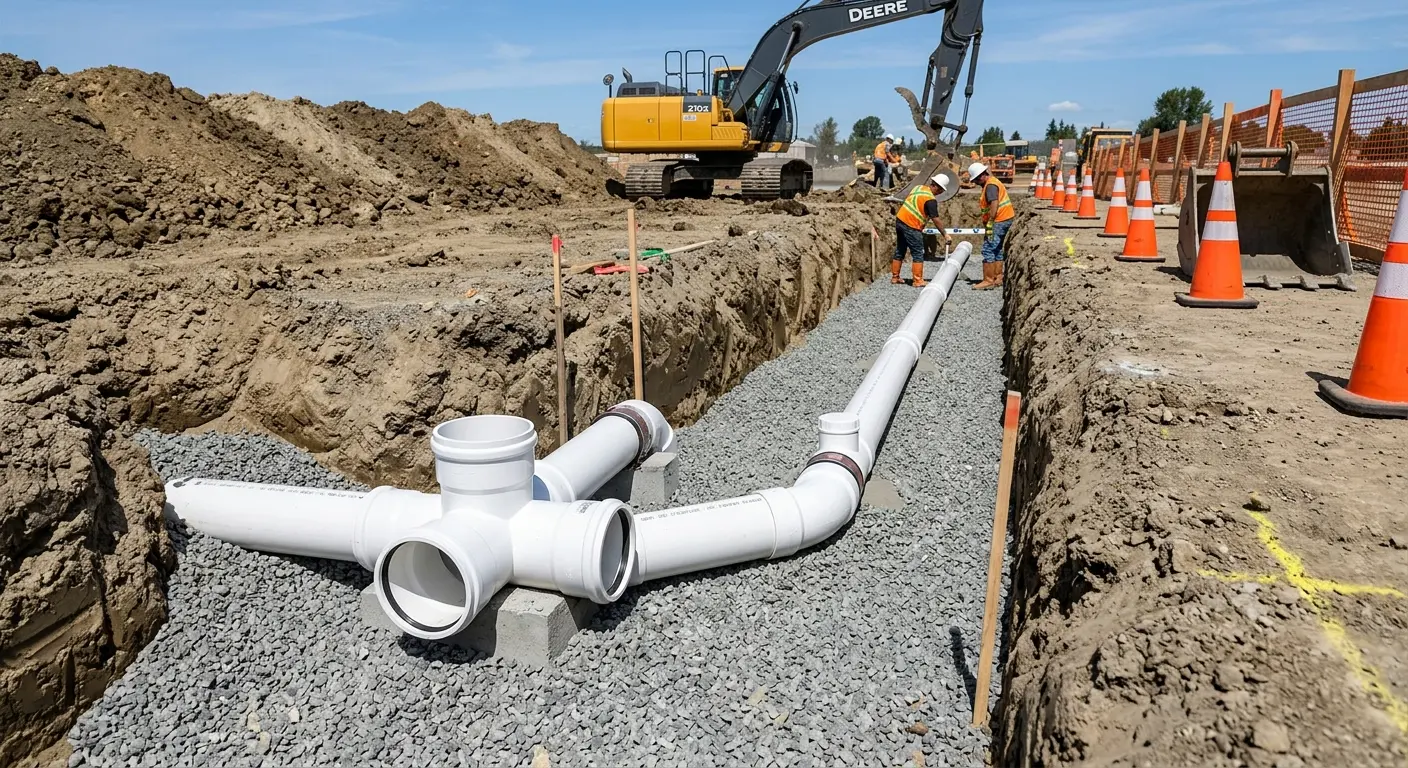 New PVC sewer pipe installation in open trench for Sewer Backup in Carrollton