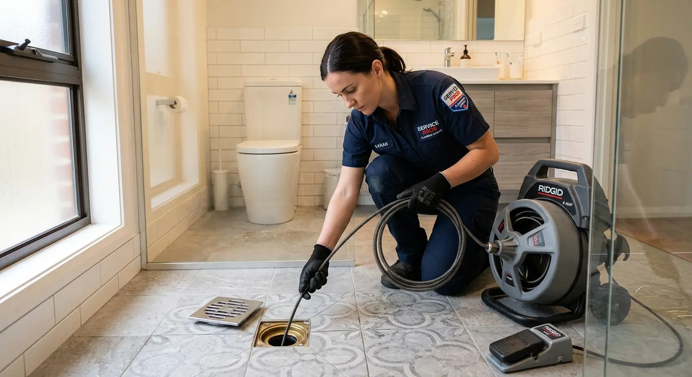 Technician clearing a bathroom floor drain for Drain Cleaning in Carrollton